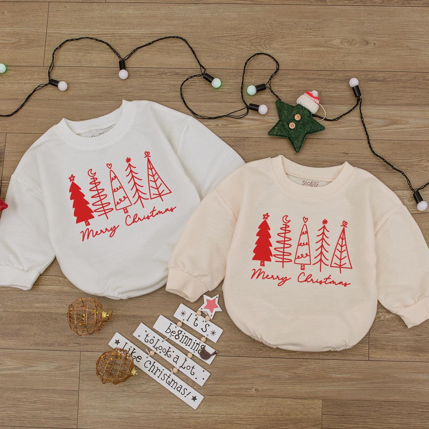 Merry Christmas Baby Bubble Romper Red Burgundy Trees Heart Moon Star Graphic Newborn Christmas Outfit Simple Festive Girl
