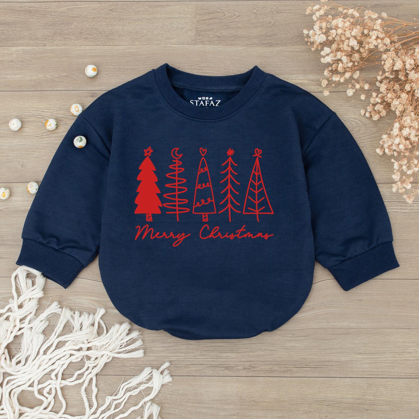 Merry Christmas Baby Bubble Romper Red Burgundy Trees Heart Moon Star Graphic Newborn Christmas Outfit Simple Festive Girl
