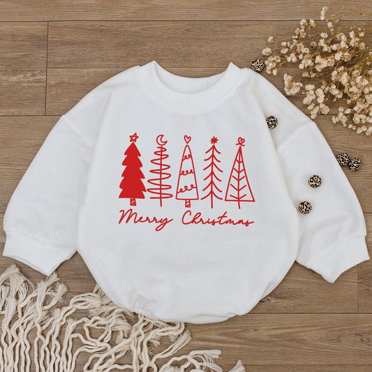 Merry Christmas Baby Bubble Romper Red Burgundy Trees Heart Moon Star Graphic Newborn Christmas Outfit Simple Festive Girl
