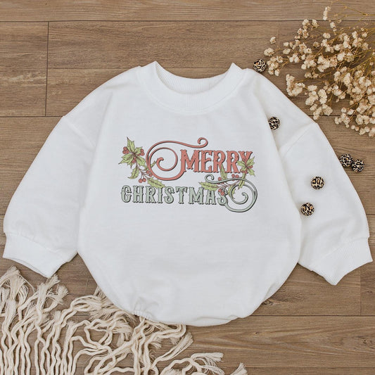 Merry Christmas Baby Romper Outfit, Holly Berry Newborn Bodysuit, Girl Holiday Sweatshirt, Cute First Christmas Gift, Soft Cotton Bubble Romper, Cozy 137