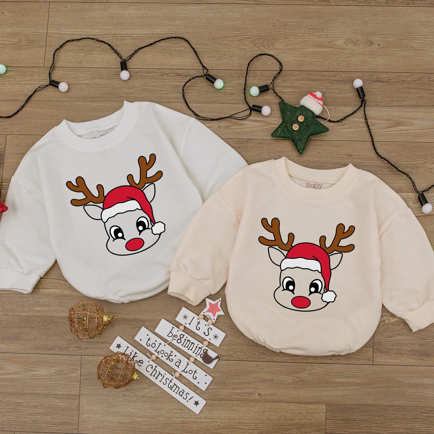 Cute Reindeer Face Baby Romper 1st Christmas Outfit Newborn Girl Xmas Clothes Santa Hat Bodysuit Holiday Shower Gift Long Sleeve Festive Tee Boy 137
