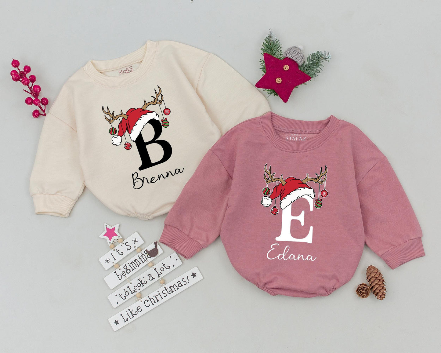 Custom "B" Christmas Baby Romper with Santa Hat & Antlers Personalized Name Brenna Holiday Infant Bodysuit