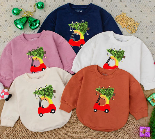 My First Christmas Baby Romper Sweatshirt with Playful Red Car & Lit Christmas Tree Design Newborn Holiday Bodysuit Winter Shower Gift