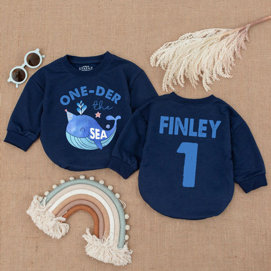 One-Der the Sea 1st Birthday Romper Boy Under the Sea Party Outfit Personalized Finley Baby Bodysuit Blue Whale Birthday Shirt First Birthday Outfit