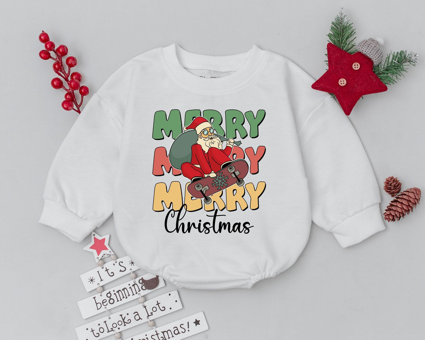 Western Christmas Bubble Romper Festive Merry Santa Skateboard Baby Outfit Newborn Holiday Bodysuit Infant Gift Playful Color Design