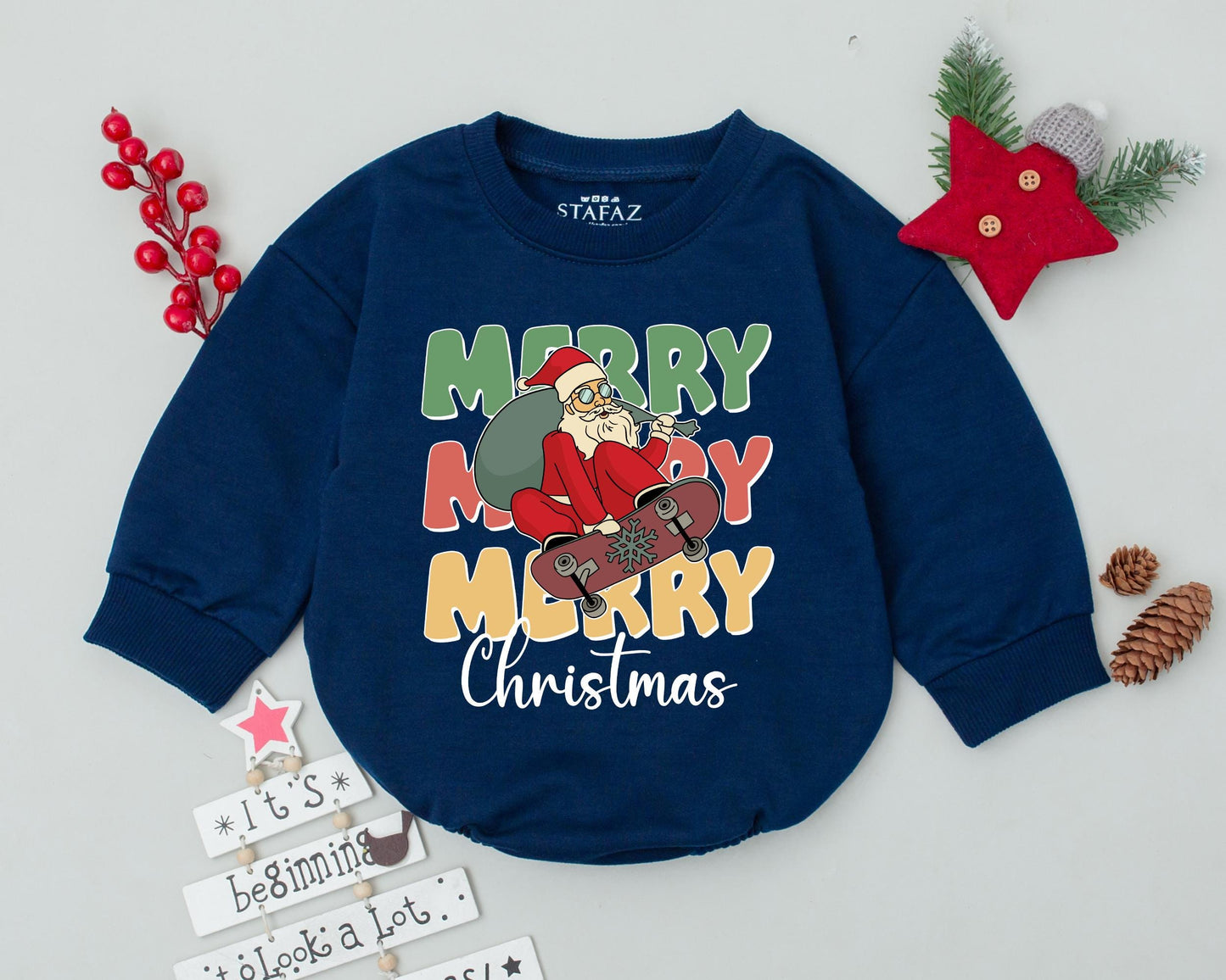 Western Christmas Bubble Romper Festive Merry Santa Skateboard Baby Outfit Newborn Holiday Bodysuit Infant Gift Playful Color Design