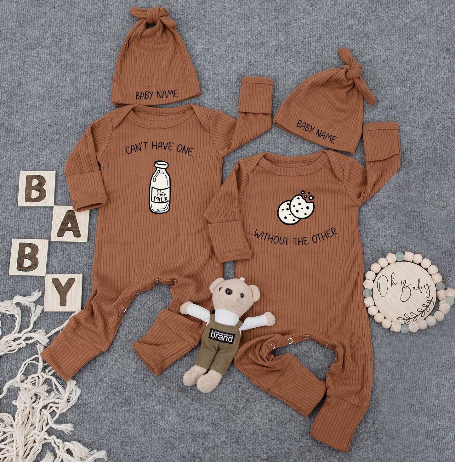 Personalized Twin Matching Milk Cookie Baby Bodysuit Set Cute Newborn Rompers Funny Infant Shower Gift Minimalist Black White Design