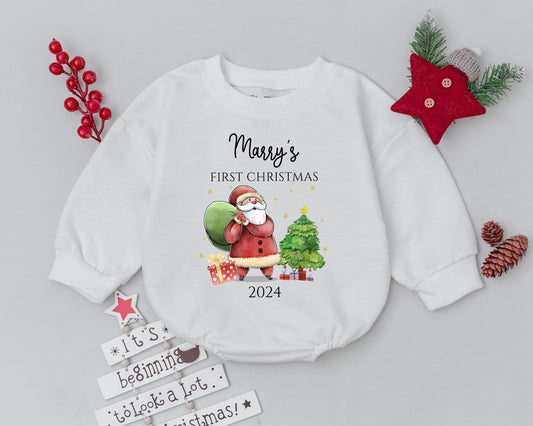 Personalized My First Christmas 2024 Baby Romper Whimsical Santa Tree Gifts Star Design Soft Cotton Toddler Infant Holiday Clothes Red Green Gold
