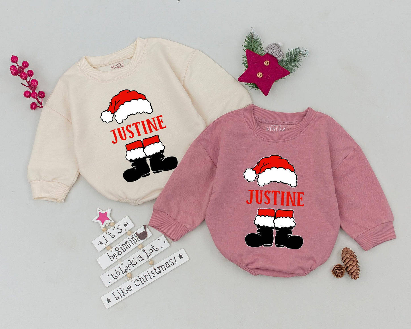 Personalized Cartoon Santa Suit Christmas Baby Romper First Christmas Bodysuit Custom Name Festive Holiday Infant Toddler Outfit Red White Black