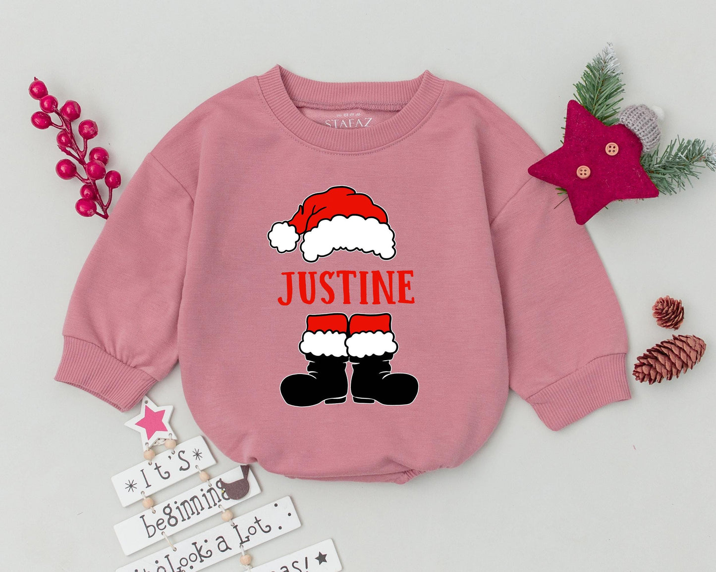 Personalized Cartoon Santa Suit Christmas Baby Romper First Christmas Bodysuit Custom Name Festive Holiday Infant Toddler Outfit Red White Black