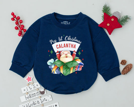 Personalized My First Christmas Baby Romper Outfit Festive Santa Present Design Infant Toddler with Child's Name Holiday Bodysuit Sweatshirt