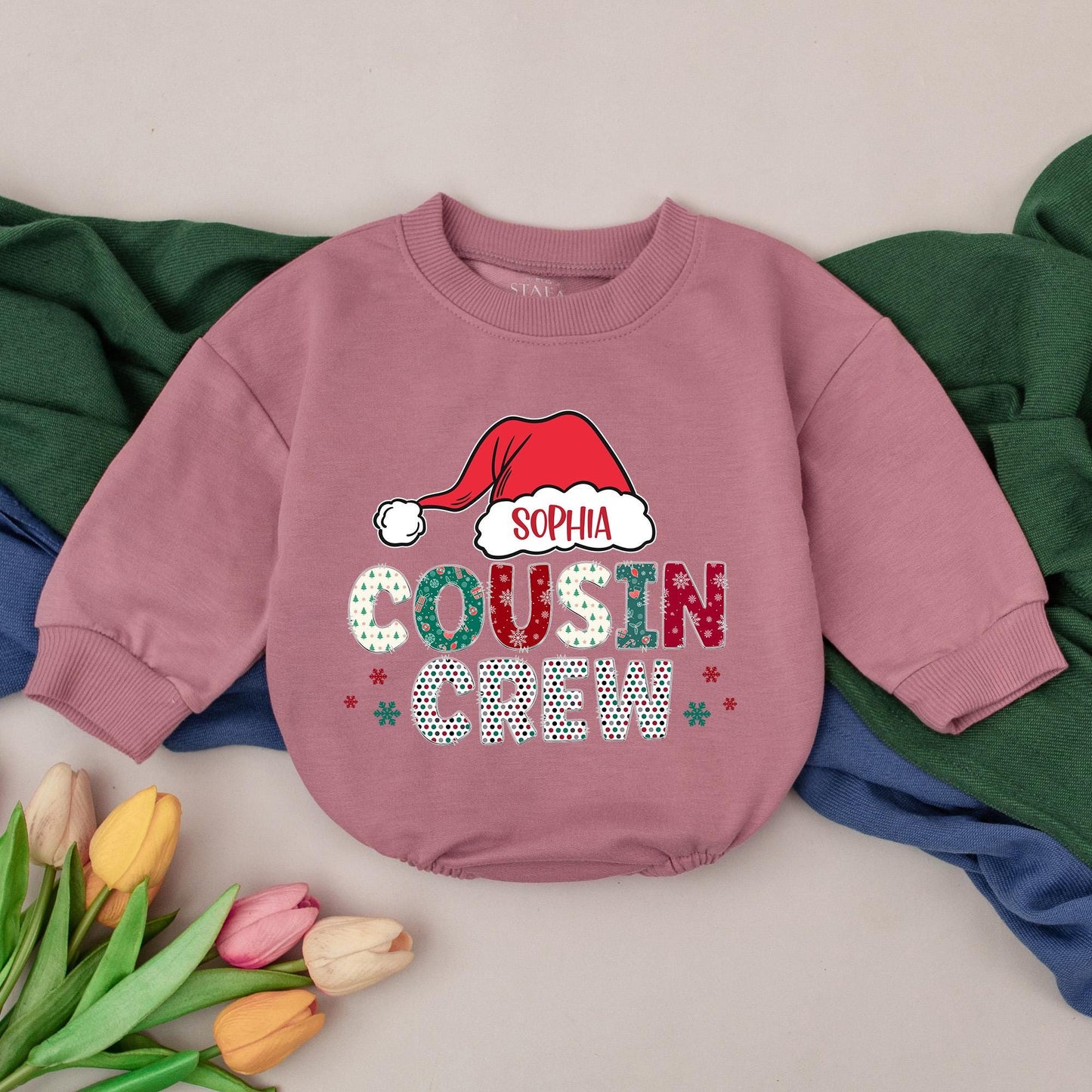 Personalized Cousin Crew Christmas Romper with Festive Santa Hat Design New Baby Shower Gift First Christmas Bubble Outfit for Girls Boys