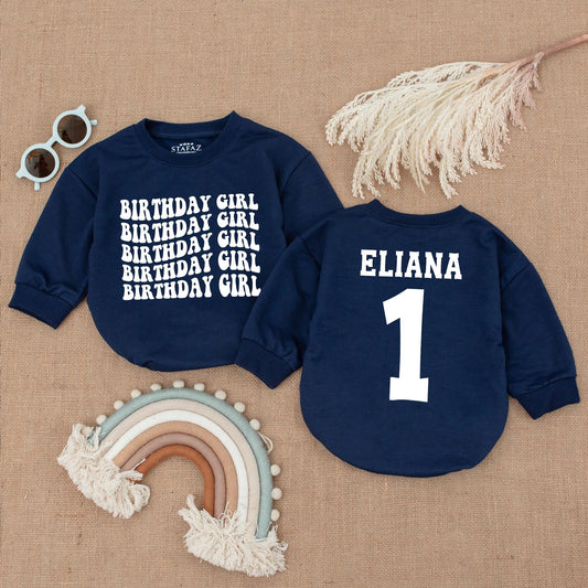 Personalized Birthday Girl Romper: Retro 1st Birthday Outfit, Alison's First Birthday Long Sleeve Bubble Romper, Pink Birthday Romper, Party Outfit (Custom Name)