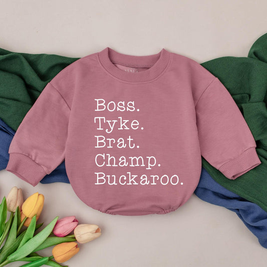 Personalized Nickname Baby Romper with Boss Tyke Brat Champ Buckaroo Black Text Design Long Sleeve Bodysuit Newborn Girls Boys Baby Shower Gift Going Home Outfit
