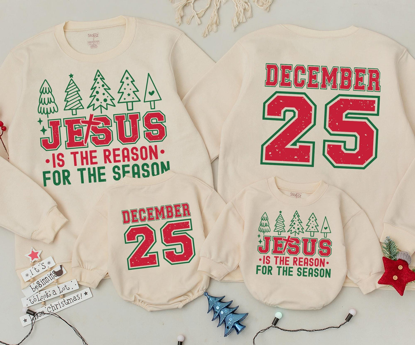 Vintage December 25th Sweatshirt, Retro Holiday Toddler Outfit: Jesus Is The Reason Romper, Distressed Varsity Graphic Xmas Baby Gift Set (138 chars)