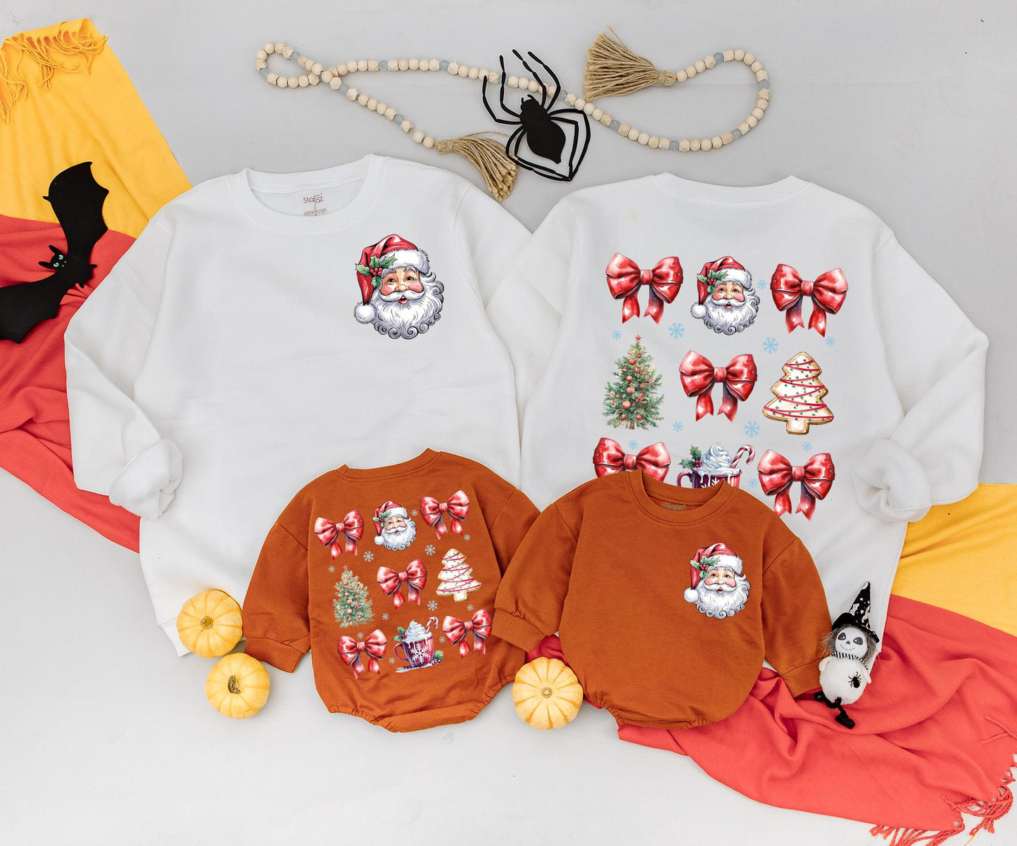 Vintage Santa Christmas Sweatshirt Toddler Outfit, Retro Holiday Romper, Cute Xmas Newborn Clothing, Red Bows & Checkered Ribbon, 2 Sided Kids Gift