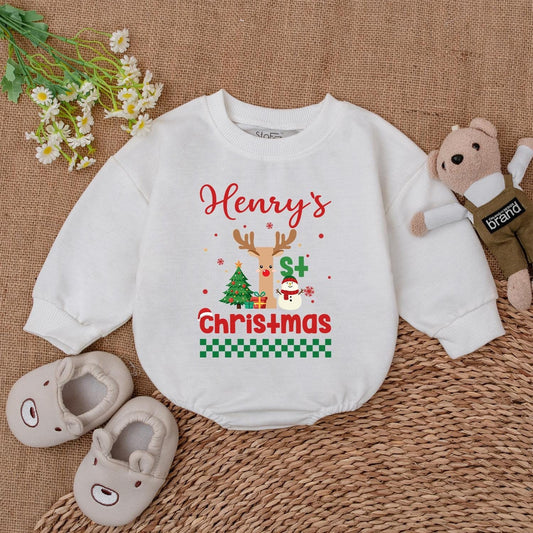 Baby's 1st Christmas Romper - Cute Retro Santa & Reindeer Outfit