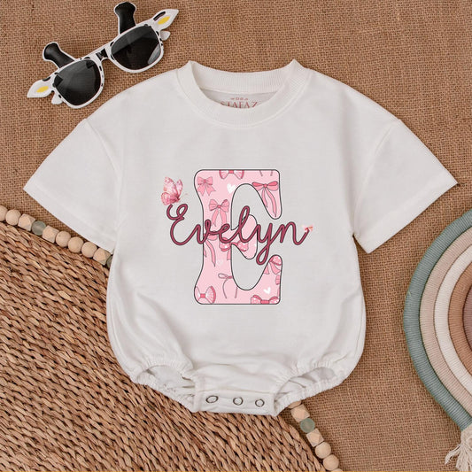 Custom Baby Romper - Girls Personalized Outfit with Pink Bow Letter