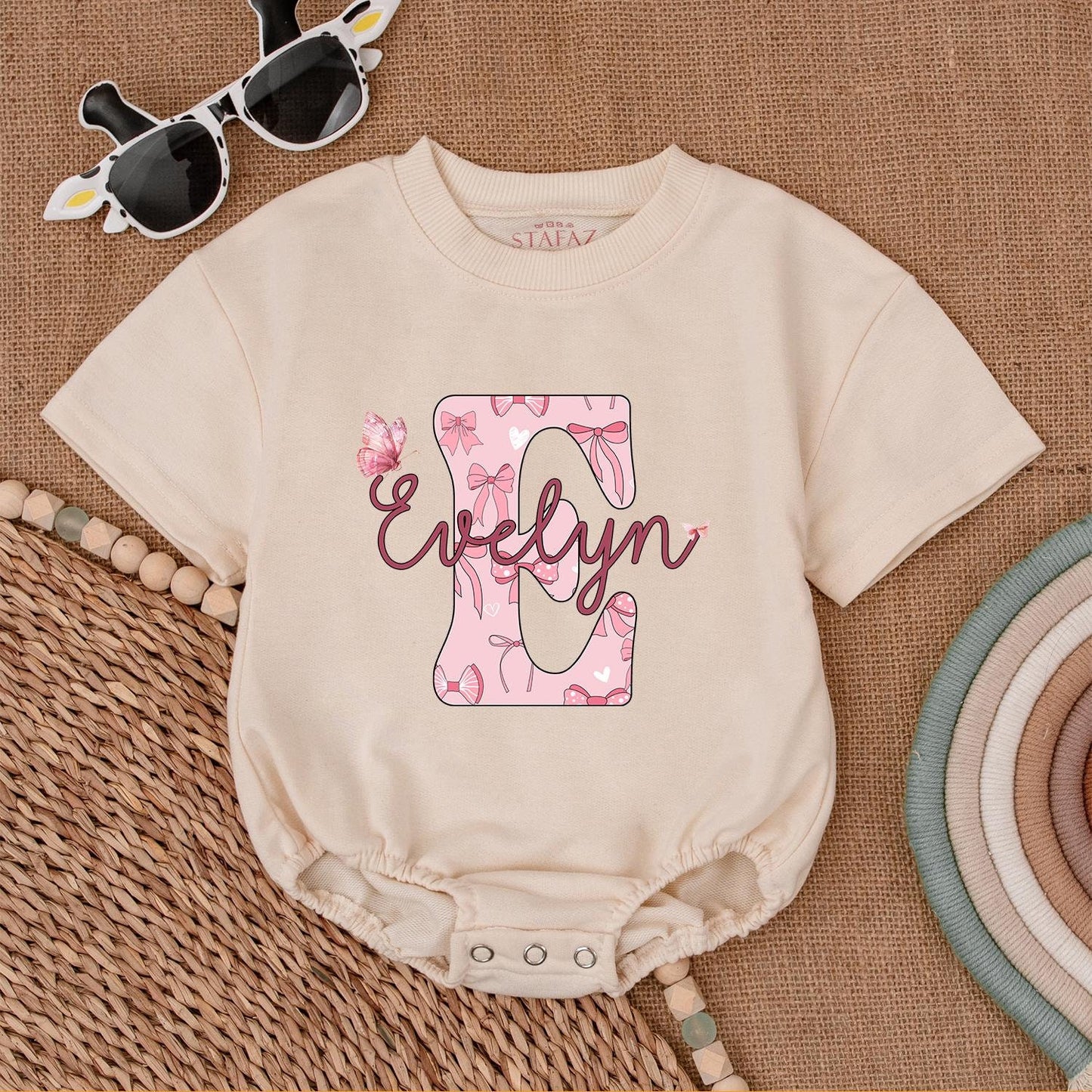 Custom Baby Romper - Girls Personalized Outfit with Pink Bow Letter