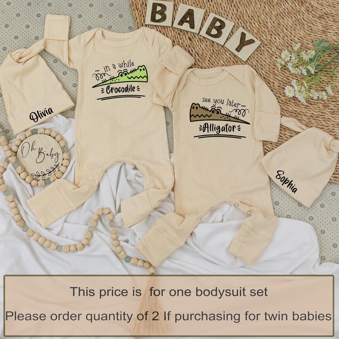See You Later Alligator Crocodile Twin Baby Bodysuit Hat Set Newborn Gift Cute Cartoon Outfit