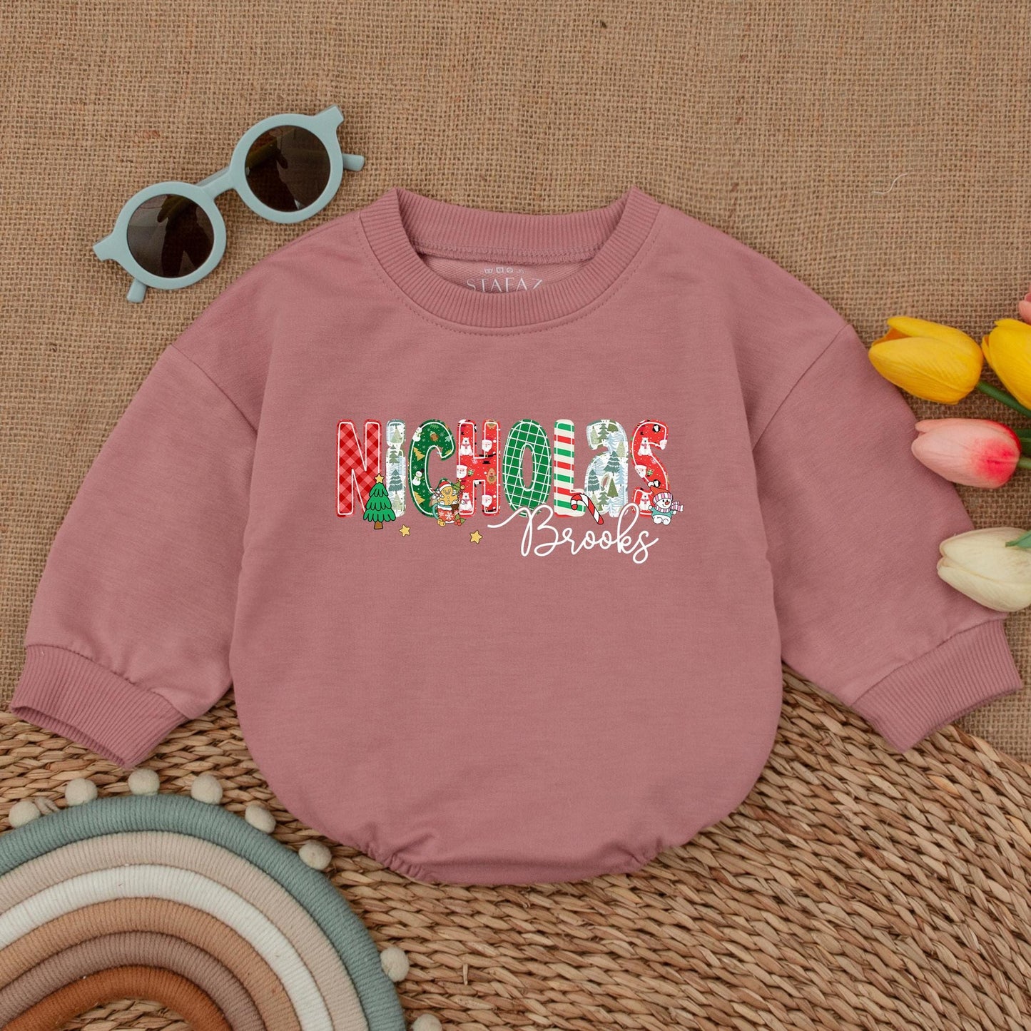 Personalized Nicholas Brooks Baby Romper, Festive Christmas Outfit, First Christmas Bodysuit, Holiday Baby Boy Clothes, Cheerful Toddler Romper 138