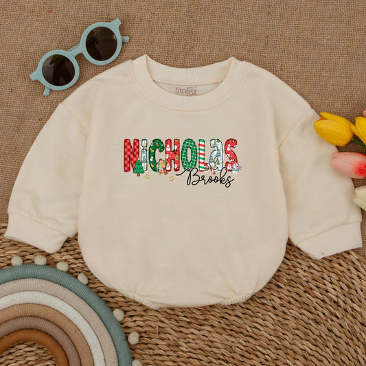 Personalized Nicholas Brooks Baby Romper, Festive Christmas Outfit, First Christmas Bodysuit, Holiday Baby Boy Clothes, Cheerful Toddler Romper 138