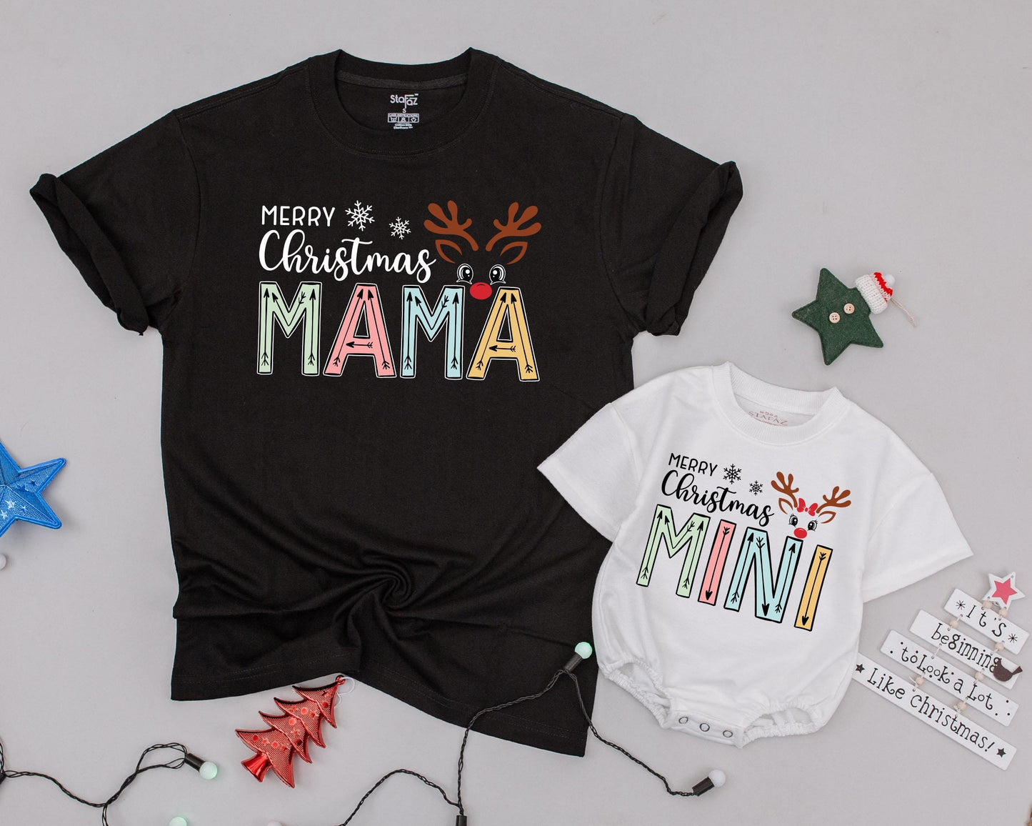 Matching Mama and Mini Reindeer Shirts, Vintage Christmas Pajamas