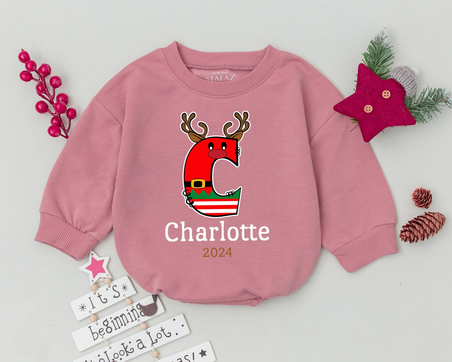 Personalized Reindeer Romper, Christmas Outfit for Babies & Newborns