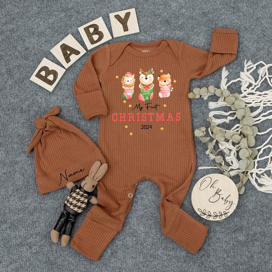 My First Christmas Baby Bodysuit Hat Set Cute Animals in Stocking Newborn Holiday Outfit 2024