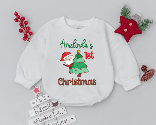 Personalized Baby First Christmas Romper Outfit Vintage Santa Claus Toddler Sweatshirt Holiday Bodysuit Custom Name Christmas Tree Baby Clothes Gift (137)