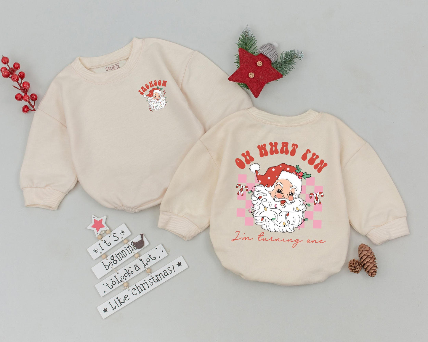 Personalized Vintage Santa Romper "JACKSON" Toddler Sweatshirt, My First Christmas Holiday Bodysuit, Checkerboard Infant Outfit, Christmas Baby Clothes