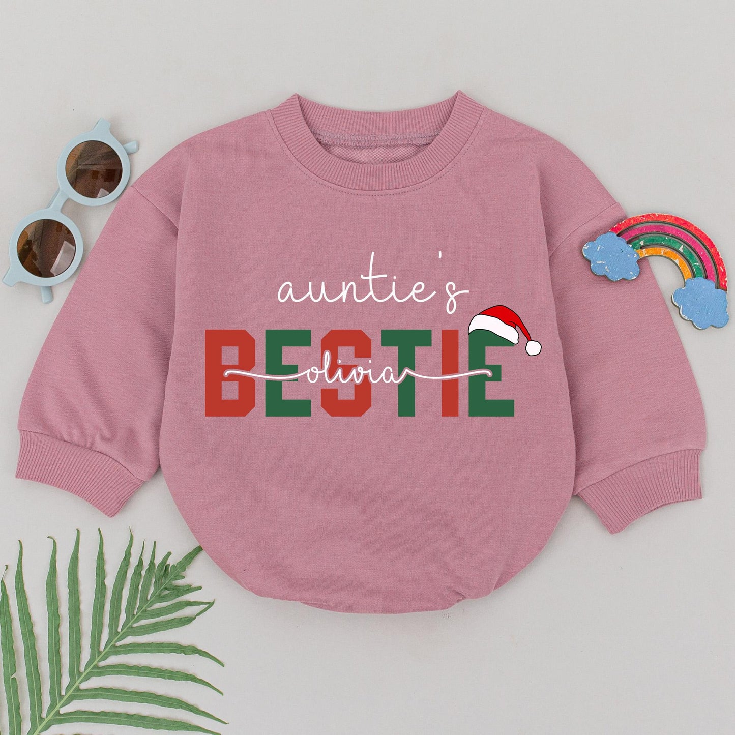 Personalized Auntie's Bestie 1st Christmas Romper: Olivia's Festive Santa Hat Design for Baby Girl, Newborn Outfit, Playful Holiday Gift (139 chars)