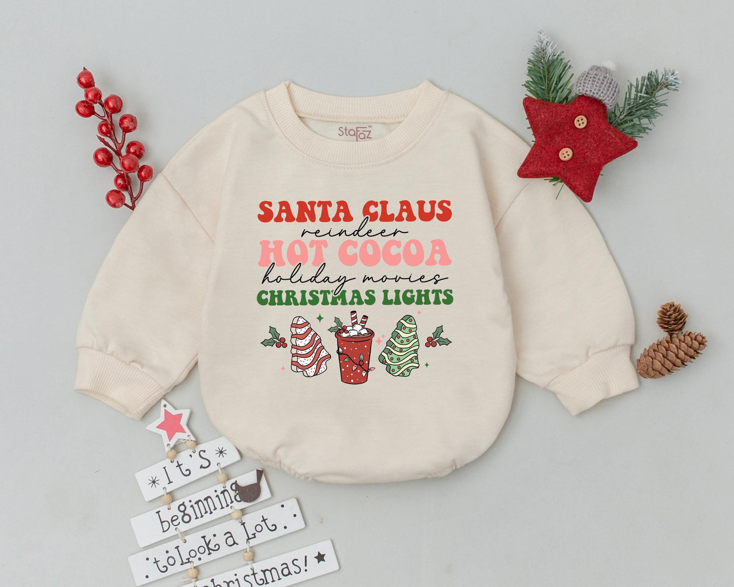 Festive Christmas Baby Romper: Santa, Reindeer, Hot Cocoa & Holiday Lights! Cute Newborn Bodysuit Outfit & Baby Shower Gift Idea, Playful Holiday Style