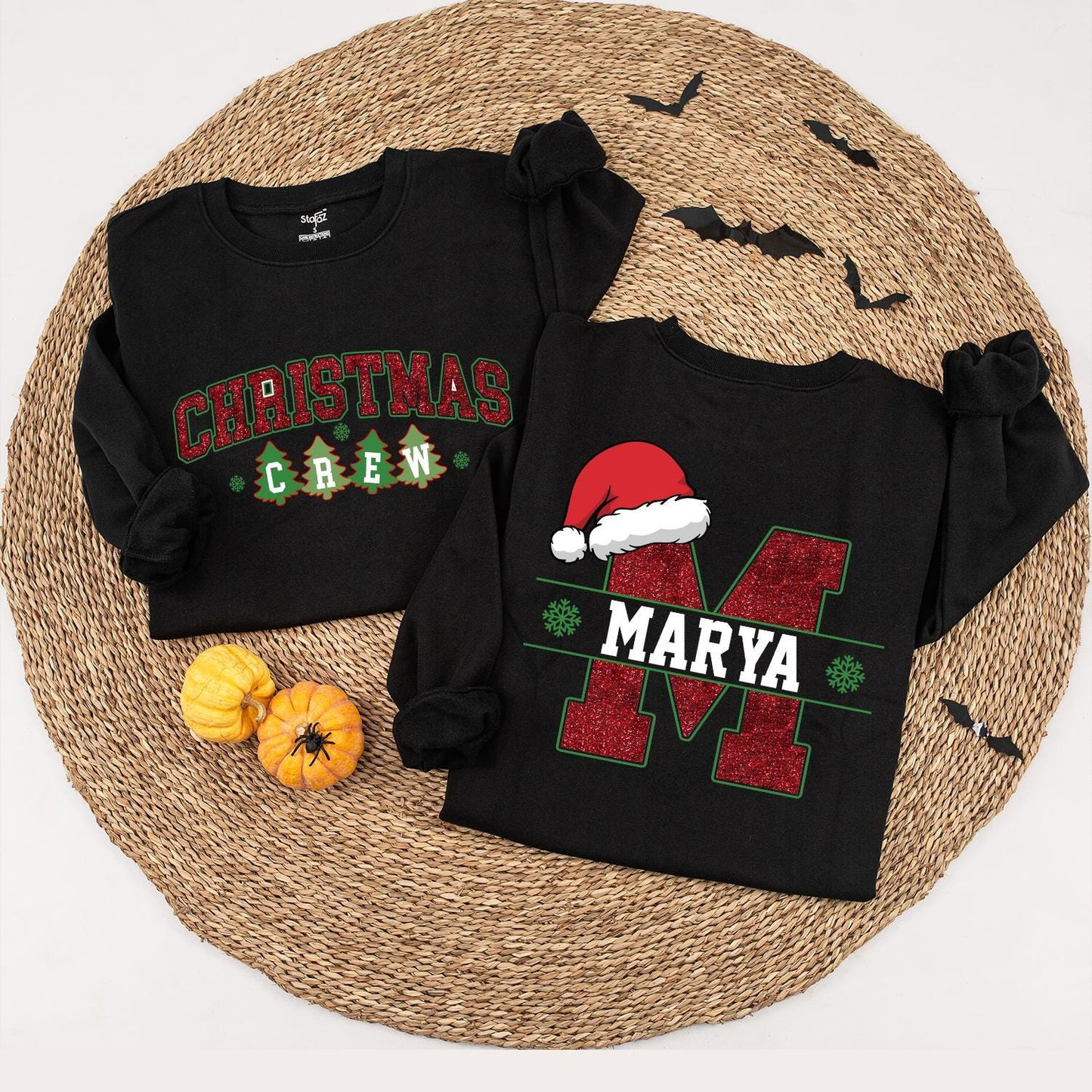 Matching Family Christmas Crew Sweatshirts: Custom Name & Initial Santa Hats, Holiday Red and Green Xmas Sweaters for Baby, Kids, and Adults