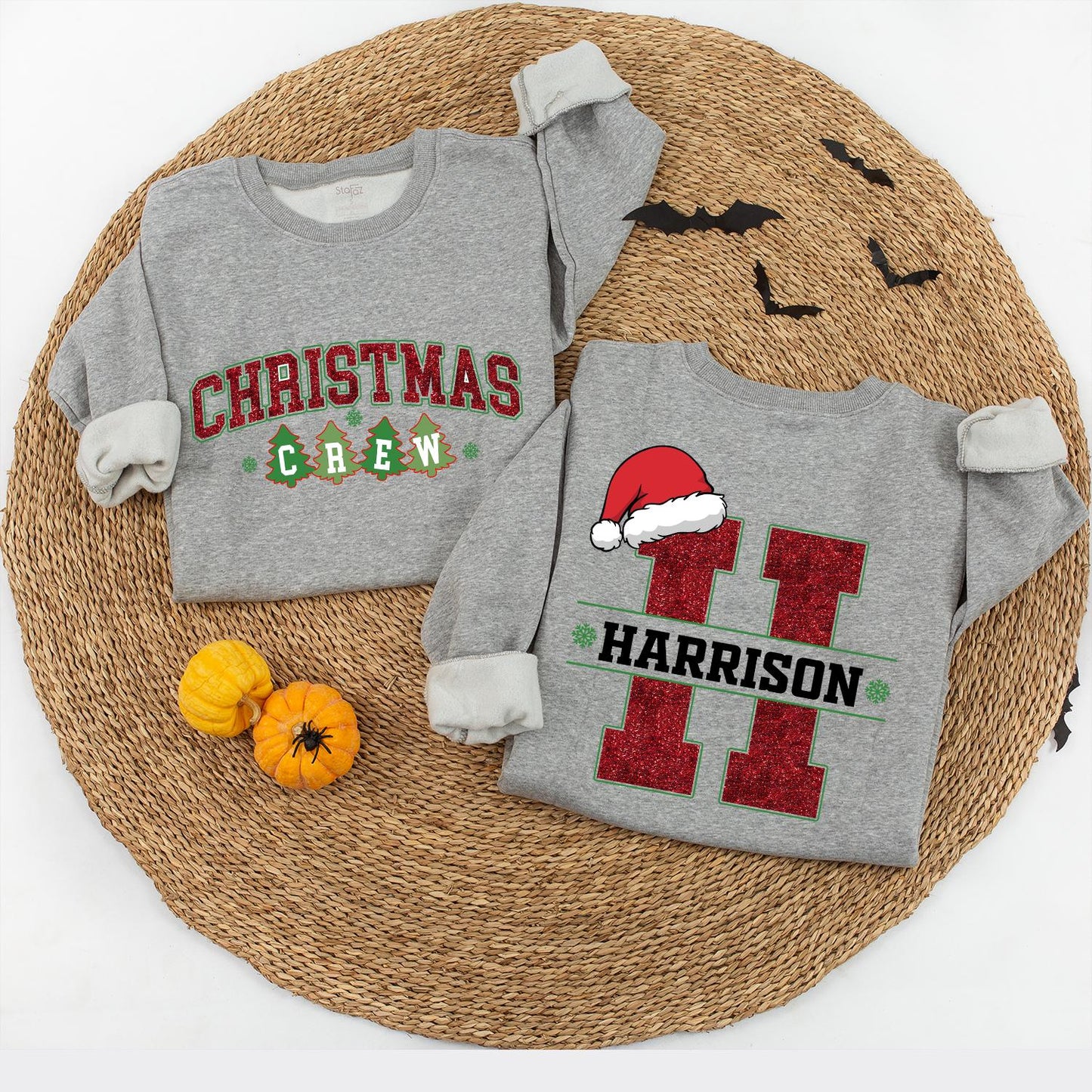 Matching Family Christmas Crew Sweatshirts: Custom Name & Initial Santa Hats, Holiday Red and Green Xmas Sweaters for Baby, Kids, and Adults