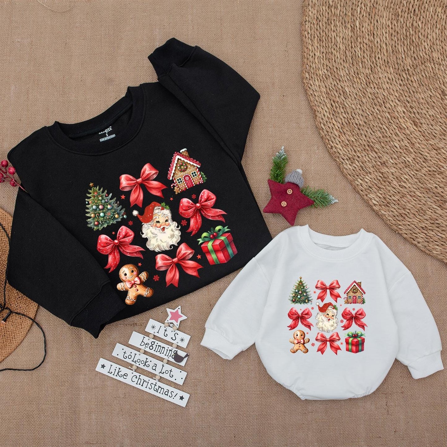 Vintage Christmas Sweatshirt: Retro Santa & Bows Coquette Design for Holiday Cheer, Baby Xmas Outfit, Christmas Tree, Xmas Holiday Gift 133