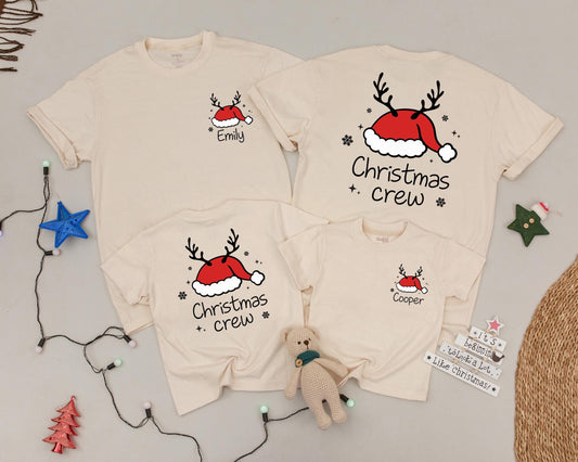 Personalized Christmas Crew Matching Family Shirts Reindeer Antlers Santa Hat Holiday Pajamas, Custom Name Christmas Morning Outfit for Mom, Baby & Kids