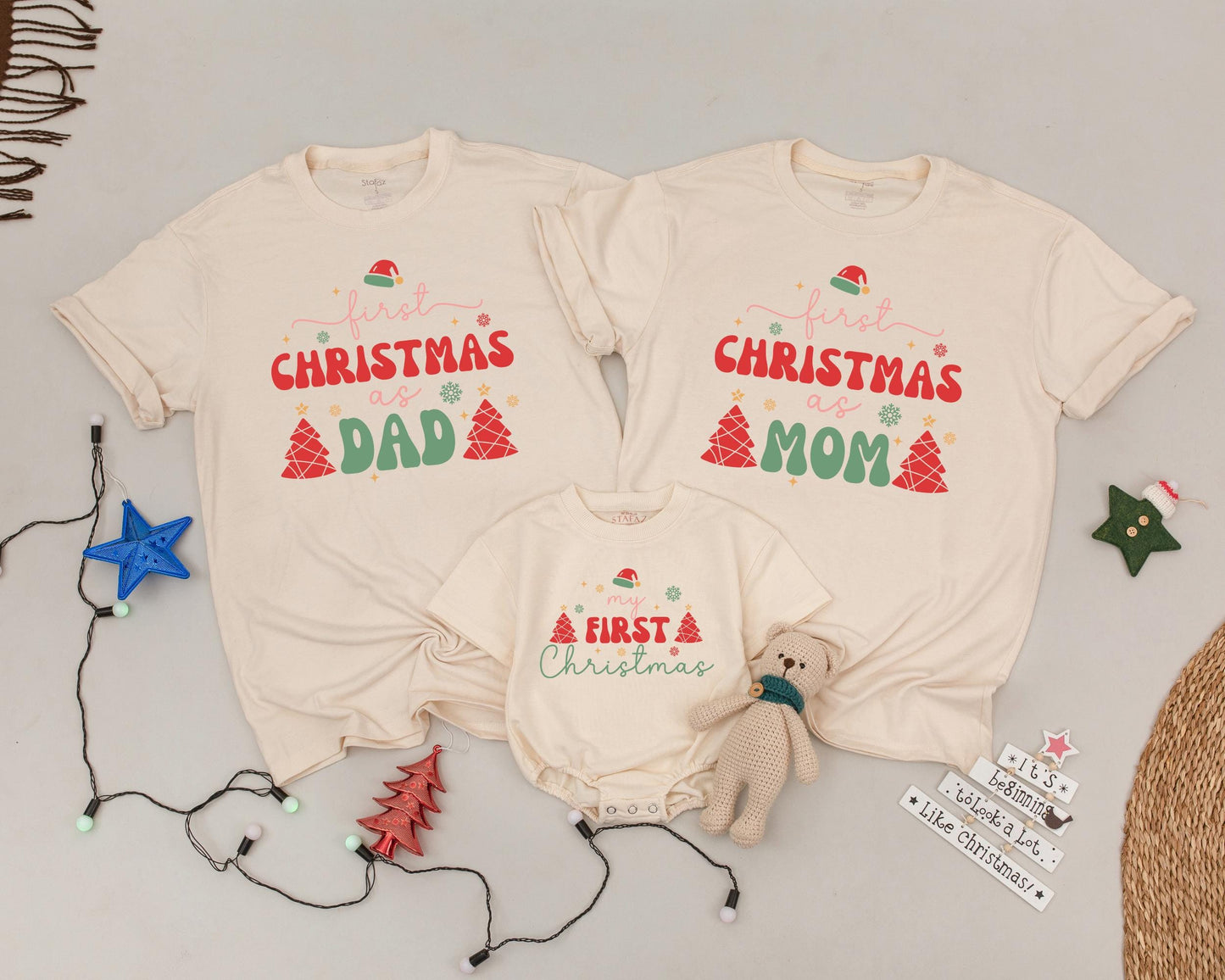 First Christmas Family Matching Shirts, Vintage Holiday Outfits for Dad Mom Baby, Newborn Announcement, Santa Hat & Festive Tree Design, Merry & Bright (140)