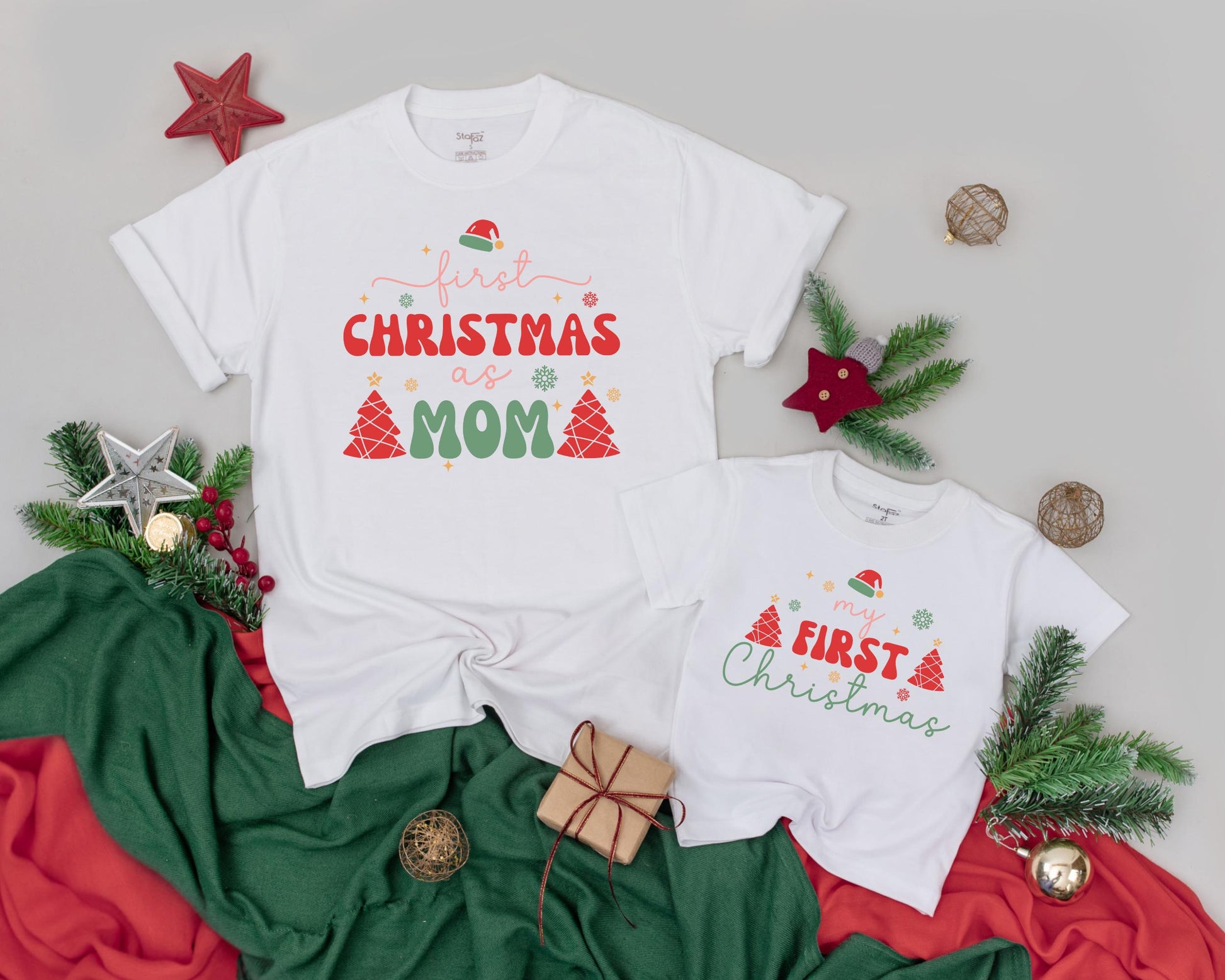 First Christmas Family Matching Shirts, Vintage Holiday Outfits for Dad Mom Baby, Newborn Announcement, Santa Hat & Festive Tree Design, Merry & Bright (140)