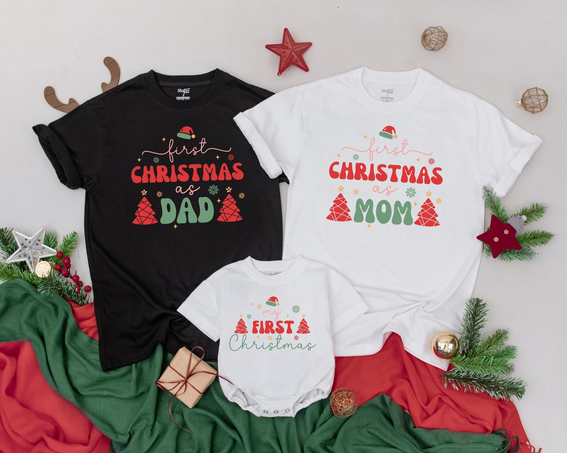 First Christmas Family Matching Shirts, Vintage Holiday Outfits for Dad Mom Baby, Newborn Announcement, Santa Hat & Festive Tree Design, Merry & Bright (140)
