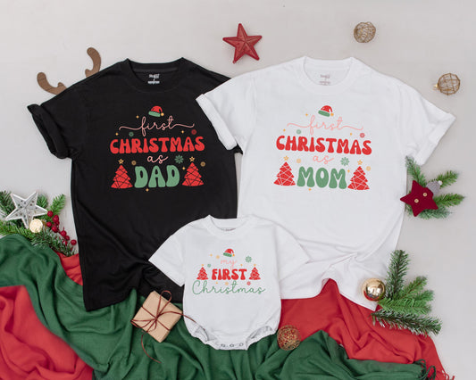 First Christmas Family Matching Shirts, Vintage Holiday Outfits for Dad Mom Baby, Newborn Announcement, Santa Hat & Festive Tree Design, Merry & Bright (140)