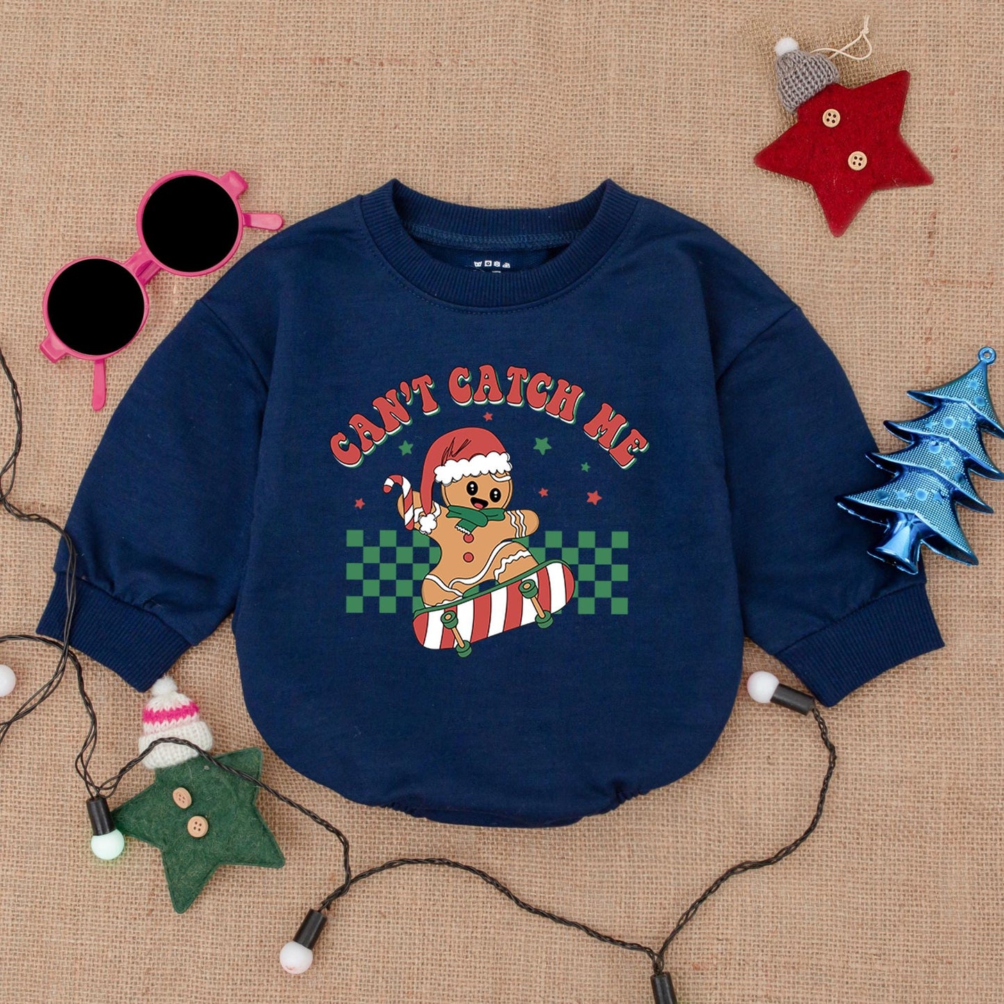 Skateboarding Gingerbread Boy Romper: Can't Catch Me Christmas Fun! Cute Holiday Outfit, Santa Hat Cookie, Festive Baby Clothes, Retro Xmas Star Design