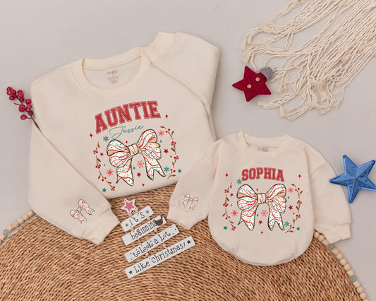 Custom Auntie Sweatshirt with Personalized Name & Pink Bow Design