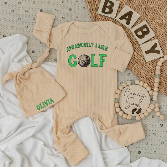 Apparently I Like Golf Baby Bodysuit & Hat Set Green Golf Ball Design Personalized Newborn Outfit Going Home Gift