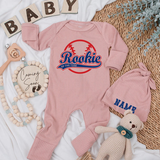 Rookie of The Year Baseball Baby Bodysuit Set, Personalized Hat, Sporty Newborn Outfit, Vintage Baby Shower Gift, Little All-Star Coming Home Outfit