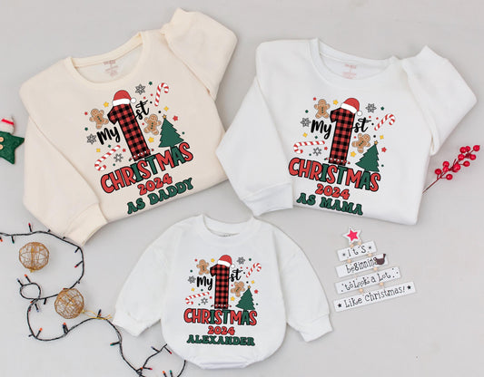 Matching Family 1st Christmas 2024 Sweatshirt, Buffalo Plaid Santa Hat Design, Personalized Christmas Outfit, First Christmas As Daddy