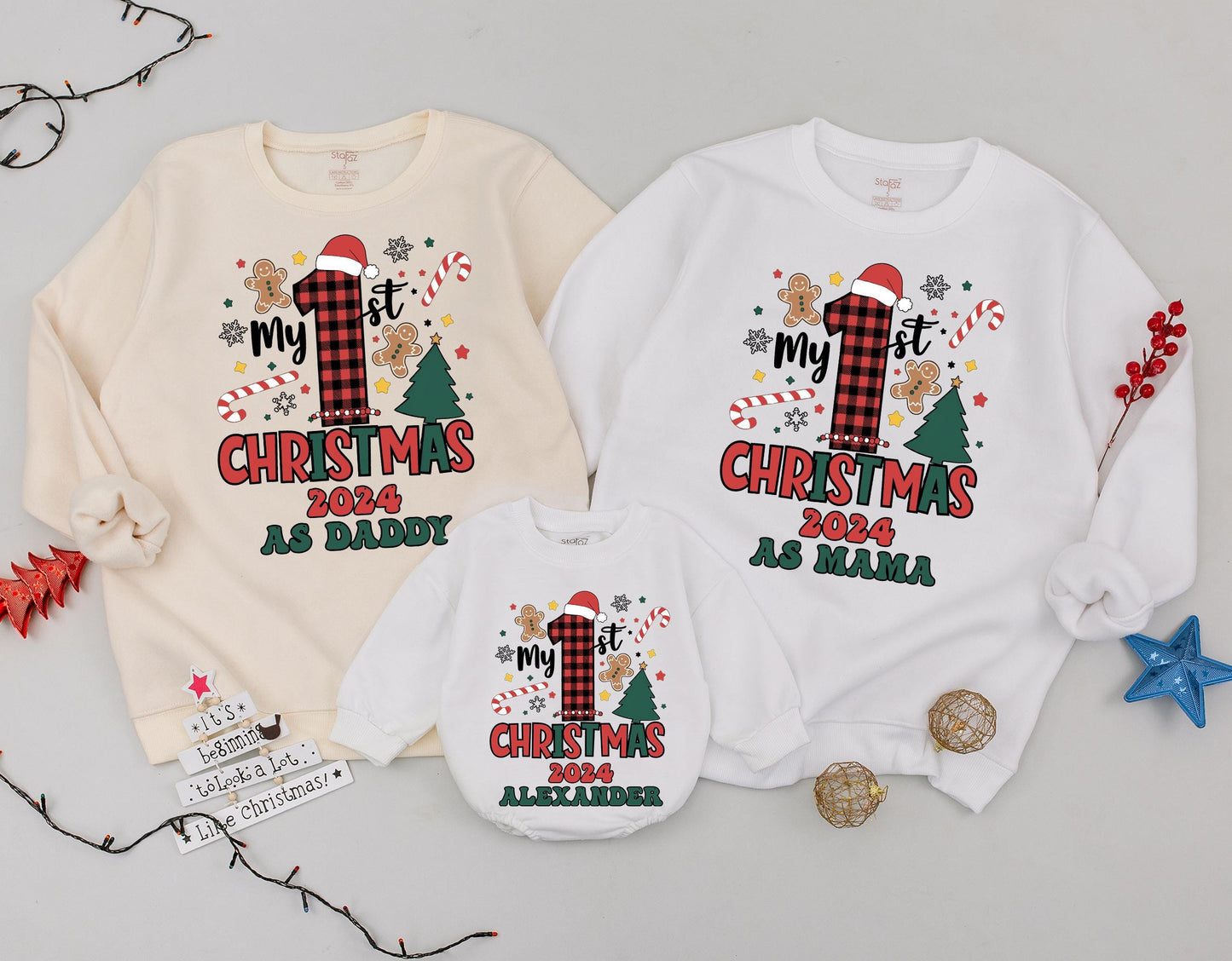 Matching Family 1st Christmas 2024 Sweatshirt, Buffalo Plaid Santa Hat Design, Personalized Christmas Outfit, First Christmas As Daddy