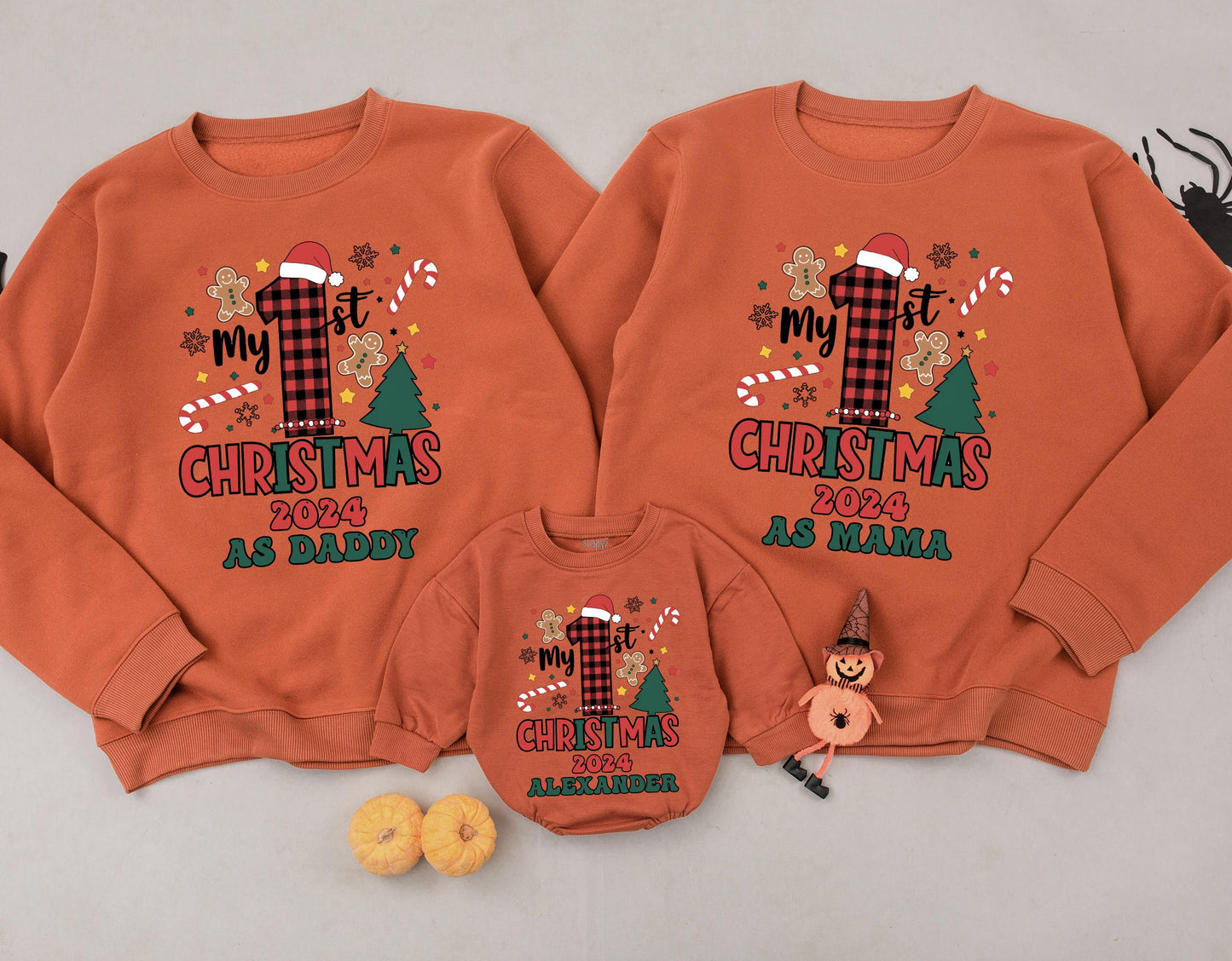 Matching Family 1st Christmas 2024 Sweatshirt, Buffalo Plaid Santa Hat Design, Personalized Christmas Outfit, First Christmas As Daddy
