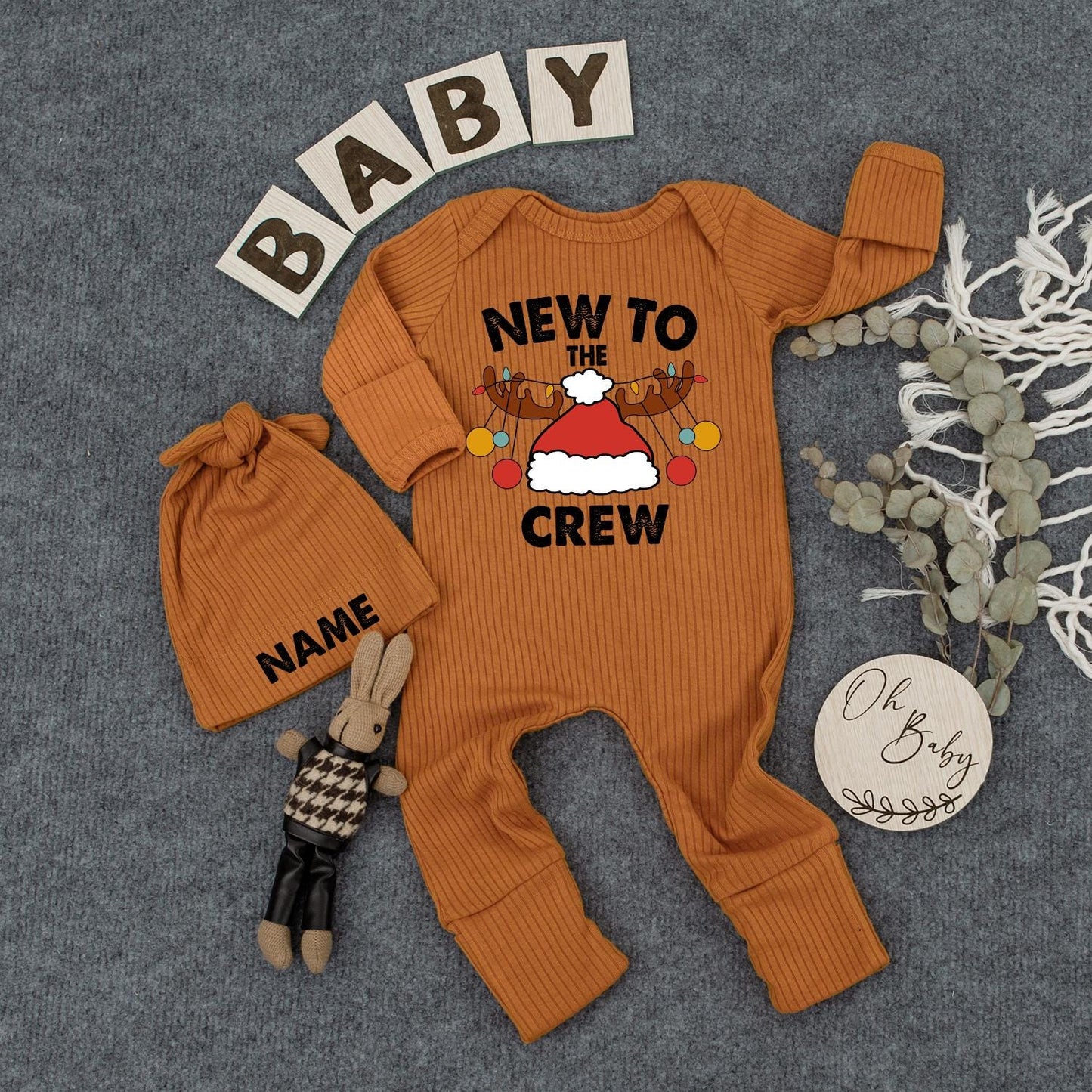 Personalized New To The Crew Christmas Baby Bodysuit Jumpsuit with Name Santa Hat Antlers Ornaments Newborn Coming Home First Holiday Gift Romper