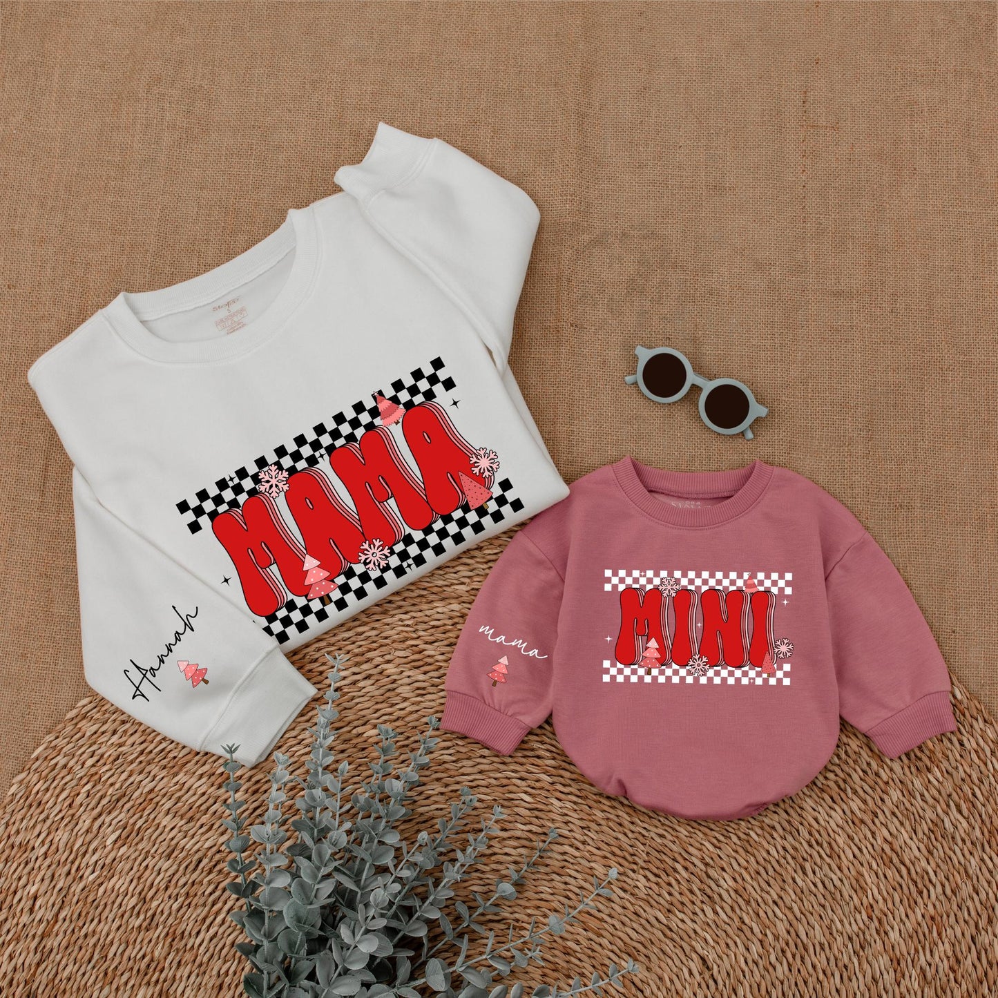 Matching Checkered Christmas Sweatshirts for Mom and Mini Family